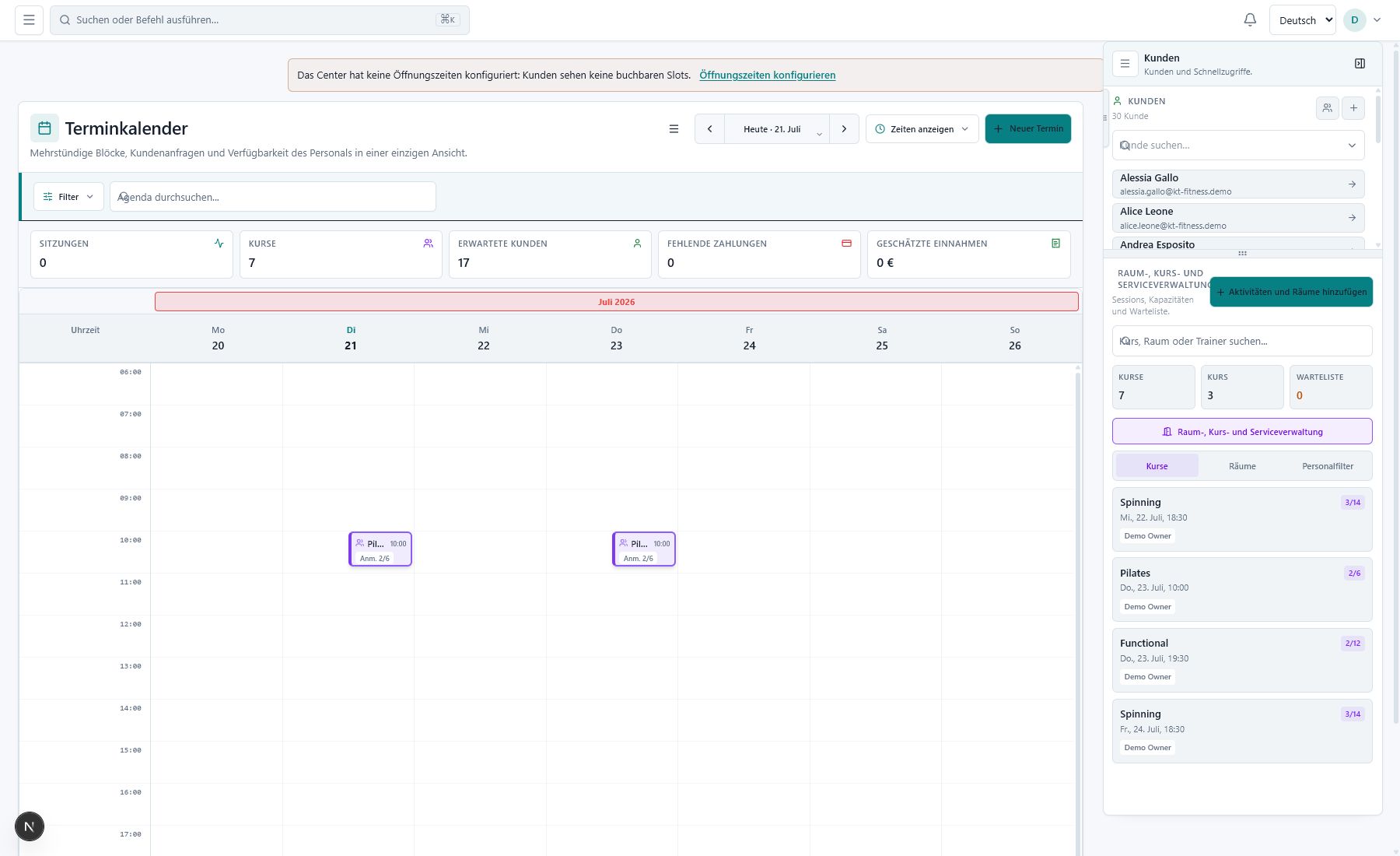 Dashboard mit Live-KPIs für das Center oder den Personal Trainer