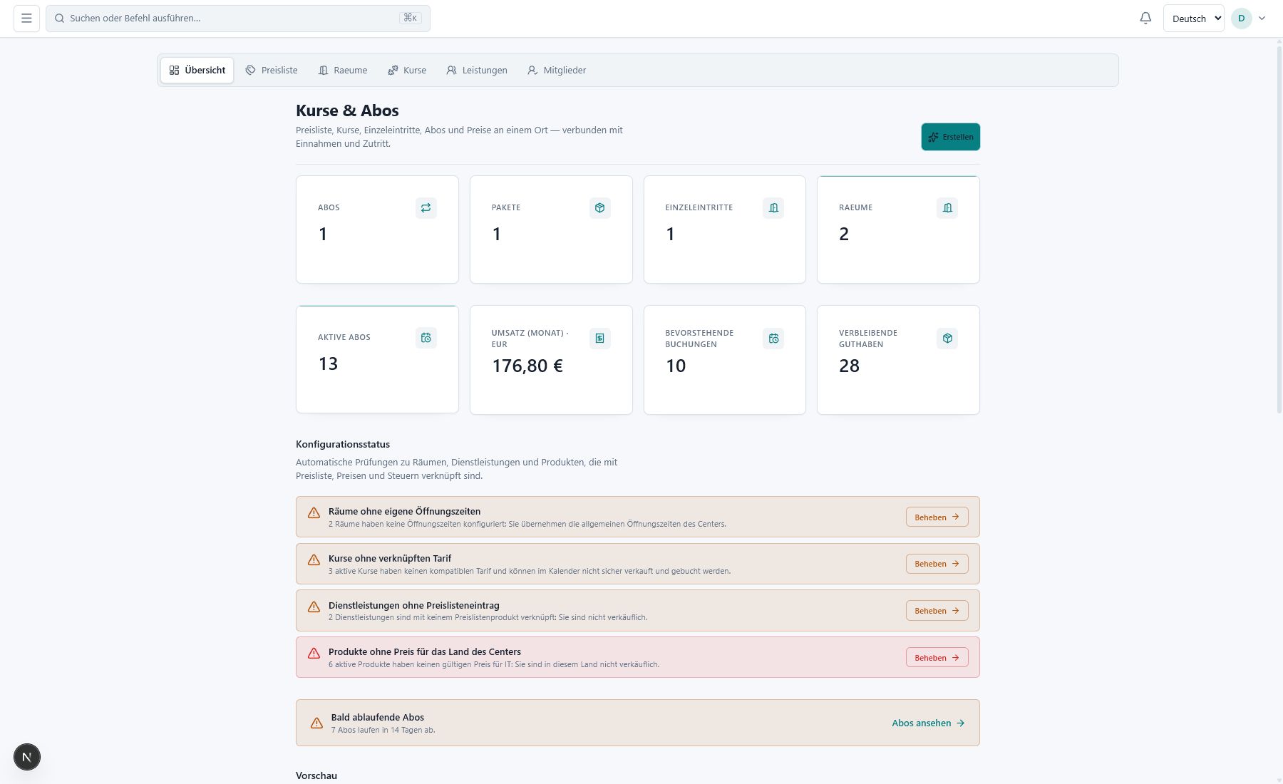 Dashboard mit Live-KPIs für das Center oder den Personal Trainer