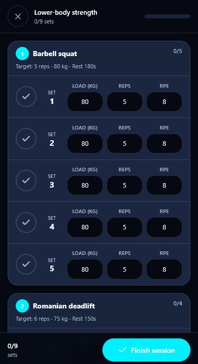 Guided workout session on the client app with a rest timer