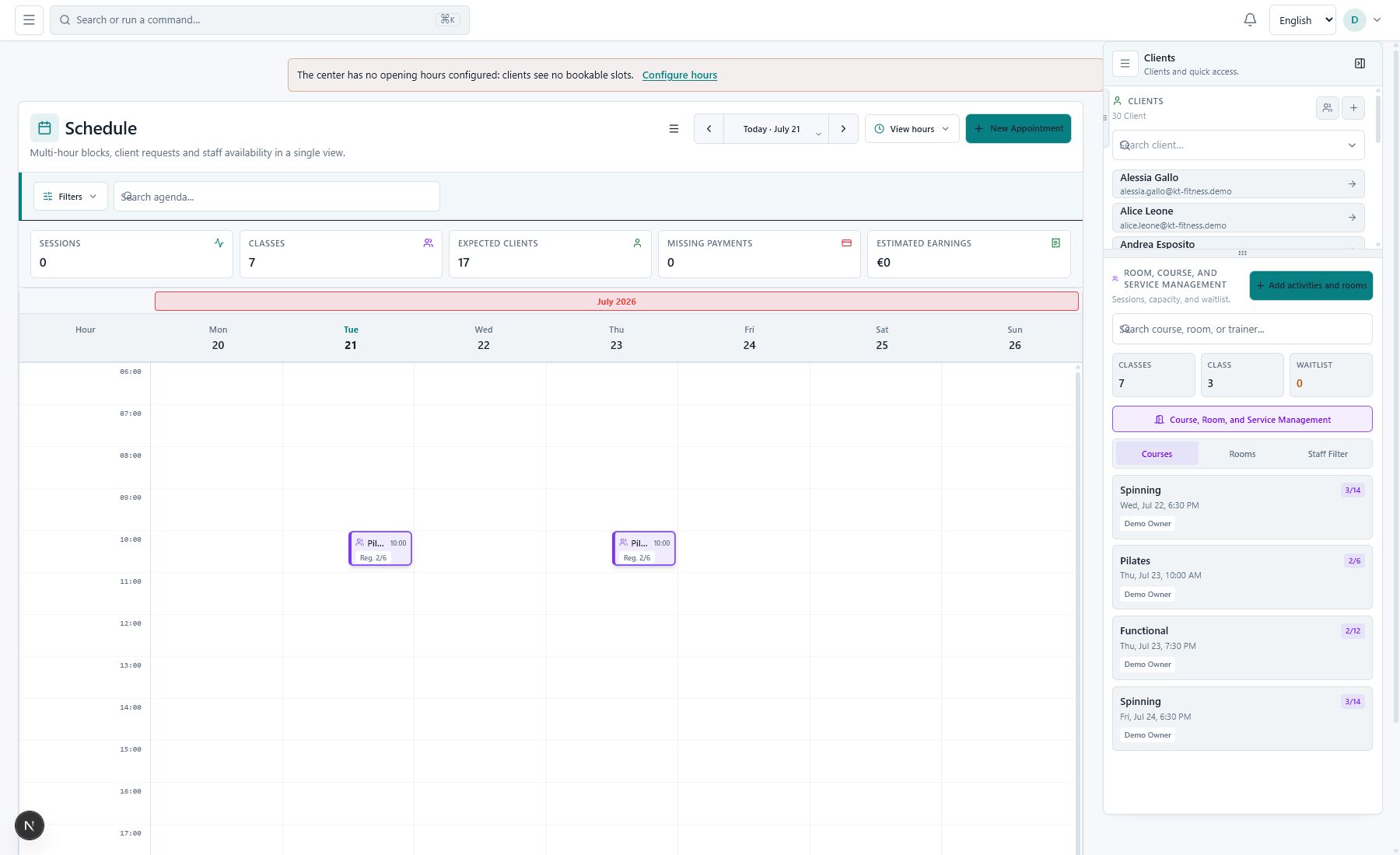 Dashboard with live KPIs for the center or personal trainer