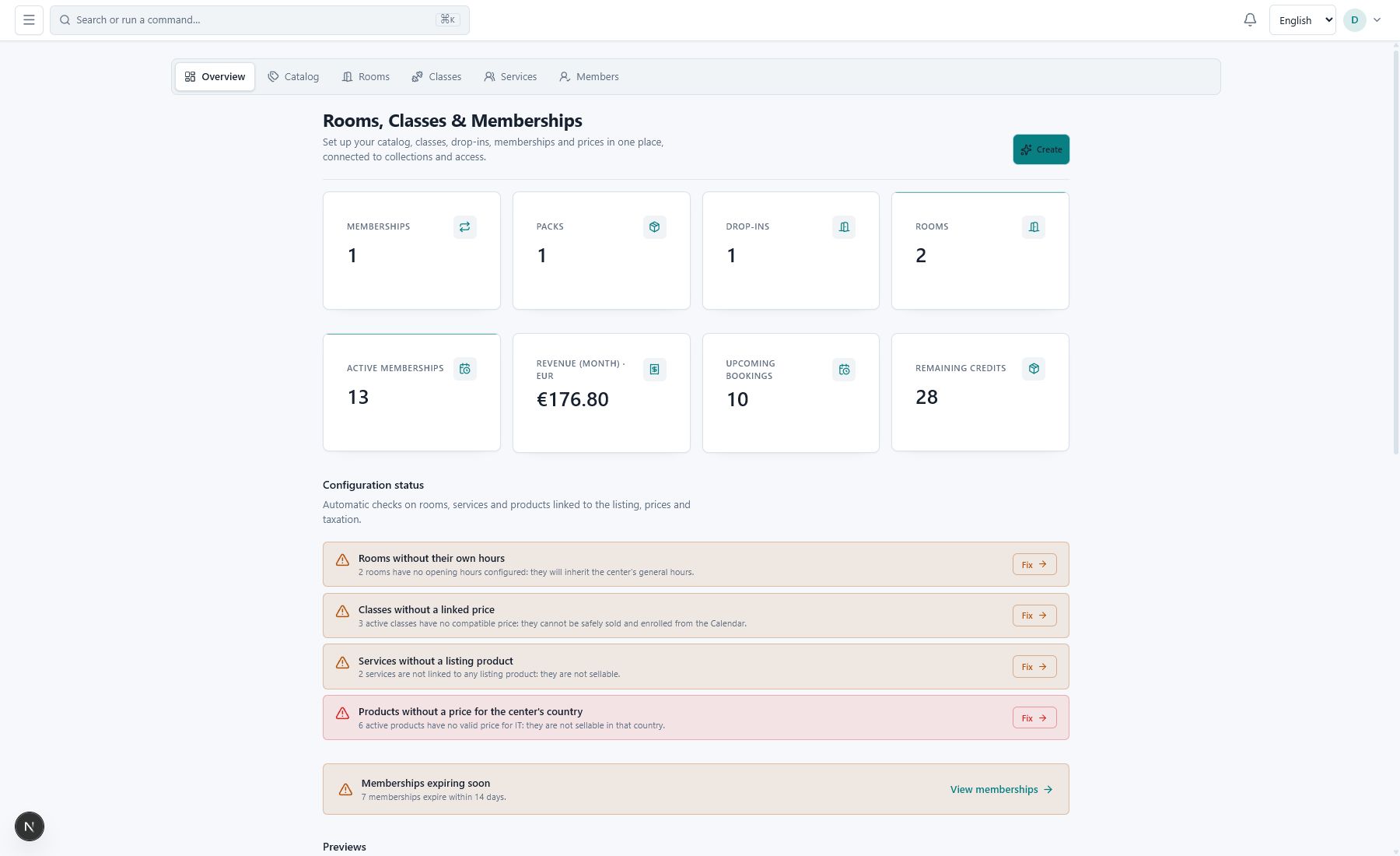 Dashboard with live KPIs for the center or personal trainer