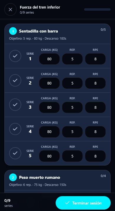 Sesión de entrenamiento guiada en la app del cliente con temporizador de descanso