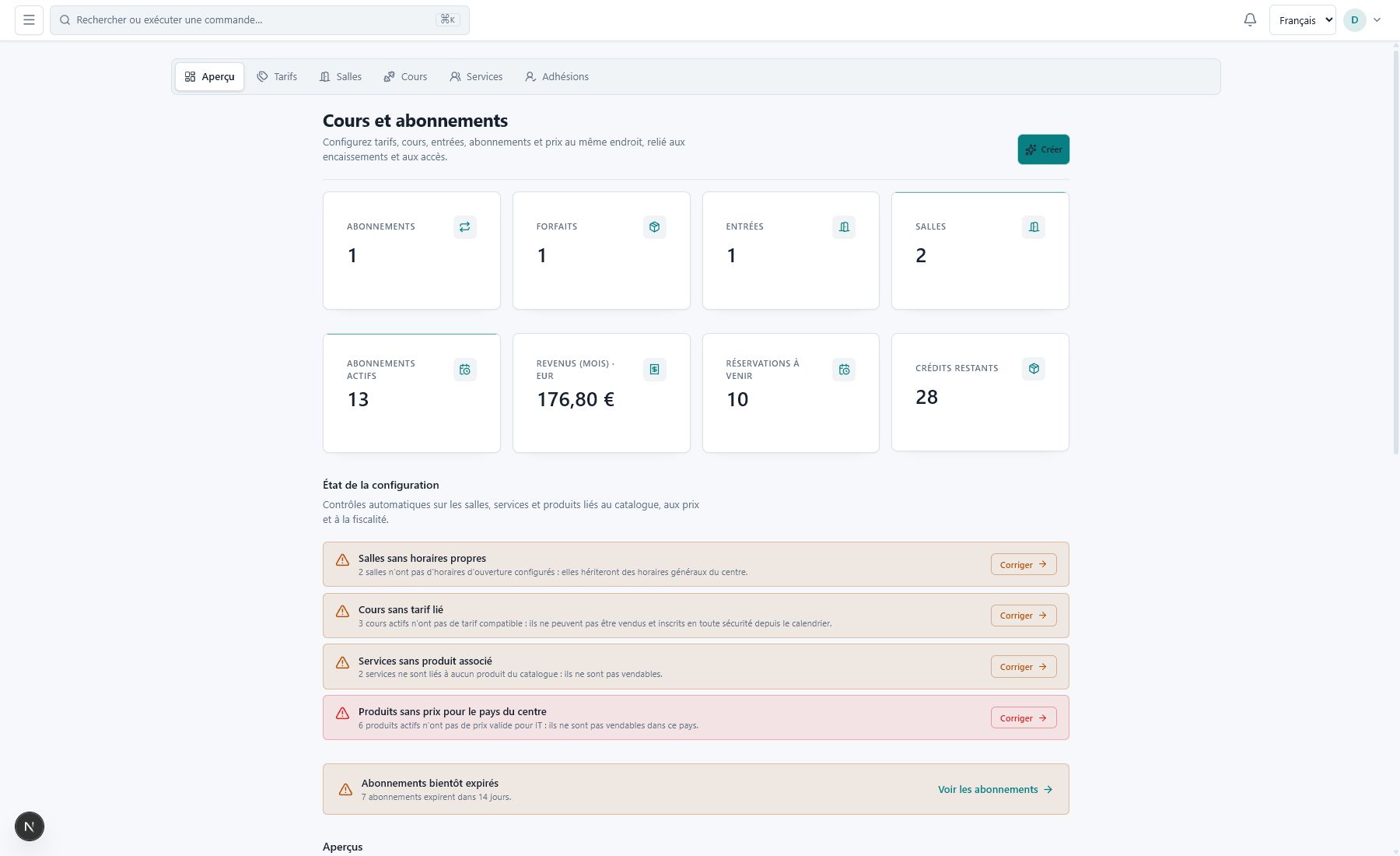 Tableau de bord avec KPI en direct pour le centre ou le coach indépendant