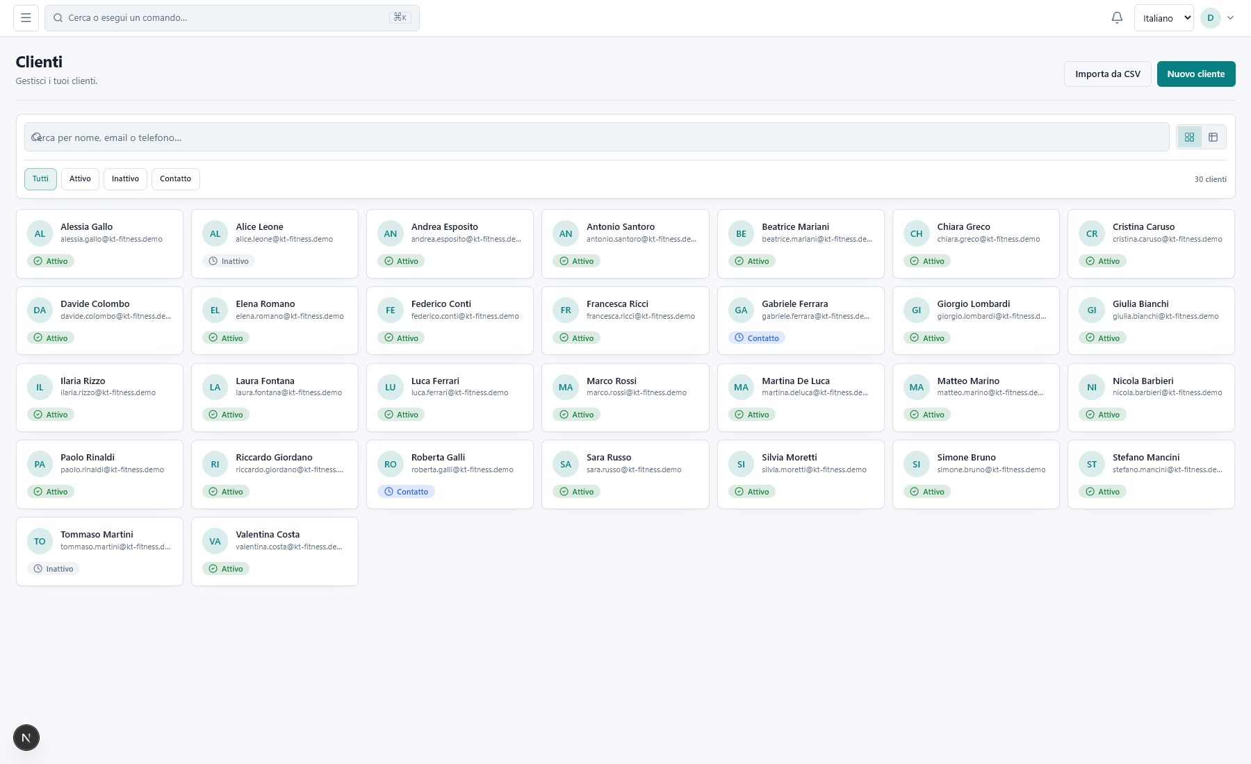 Directory clienti di KT Fitness con ricerca, stati e dati dimostrativi