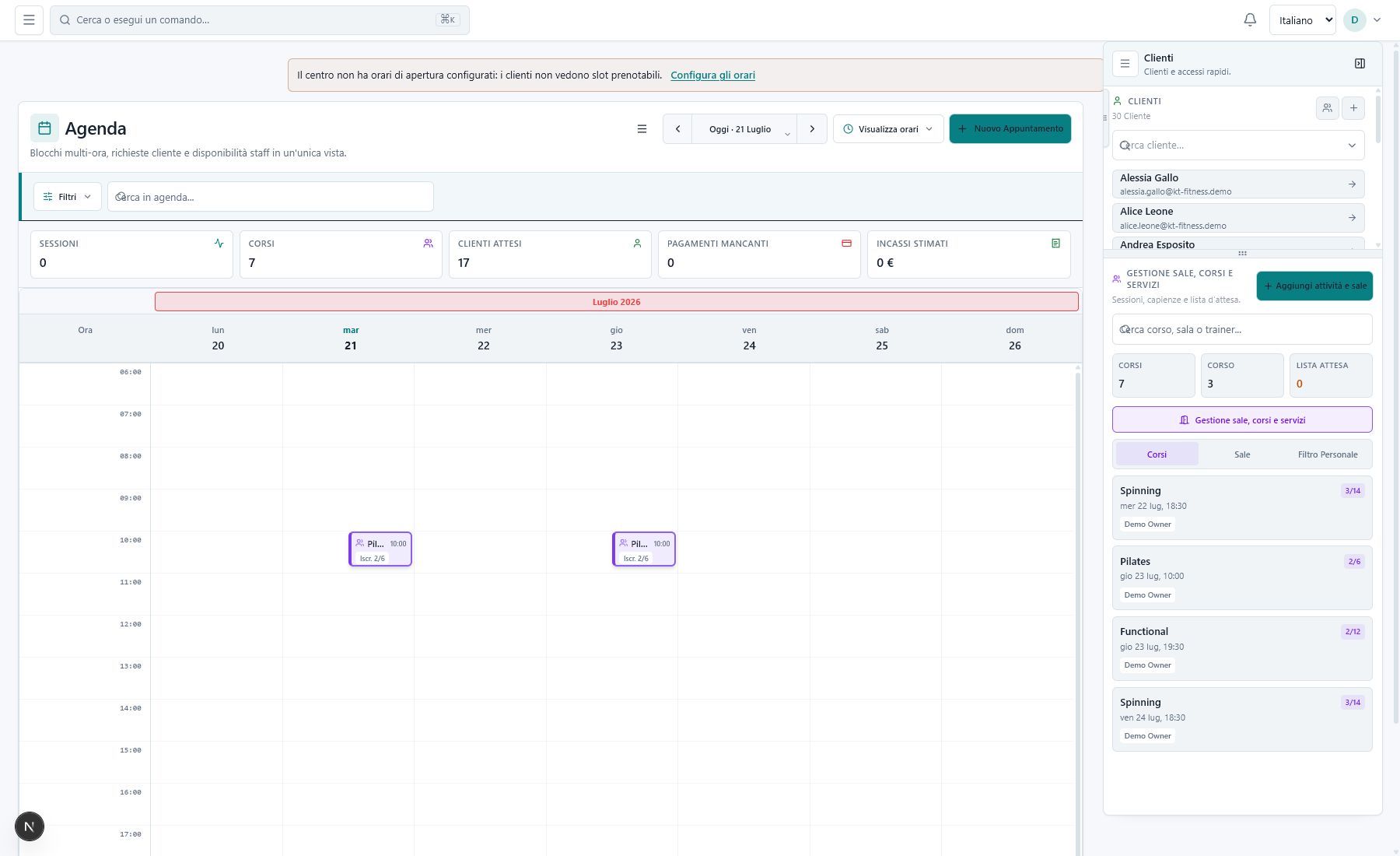 Dashboard con KPI live del centro o del personal trainer
