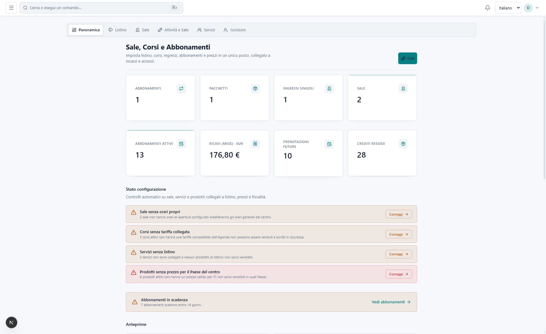 Dashboard con KPI live del centro o del personal trainer
