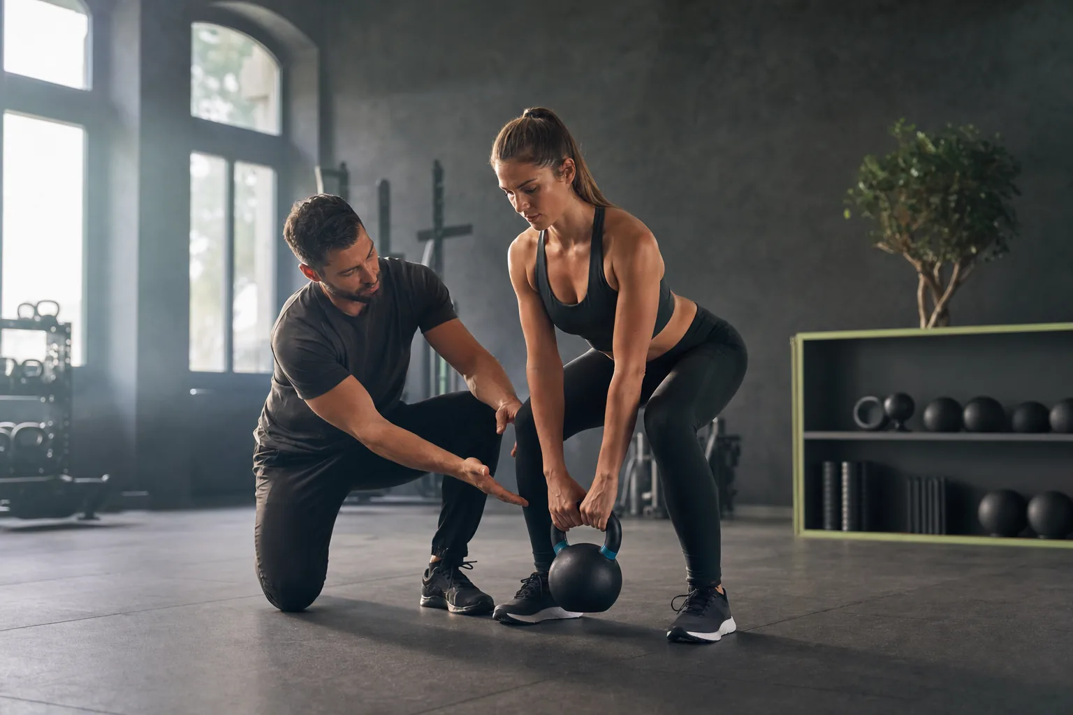 Personal Trainer korrigiert die Technik einer Kundin beim Kreuzheben mit einer Kettlebell