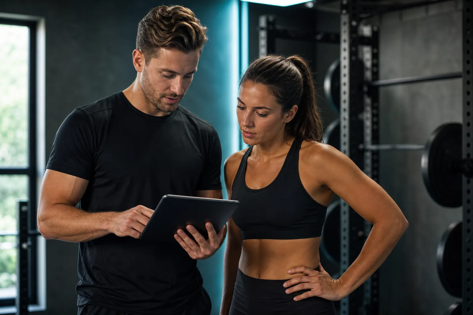 Trainer und Kundin prüfen gemeinsam einen Trainingsplan auf einem Tablet