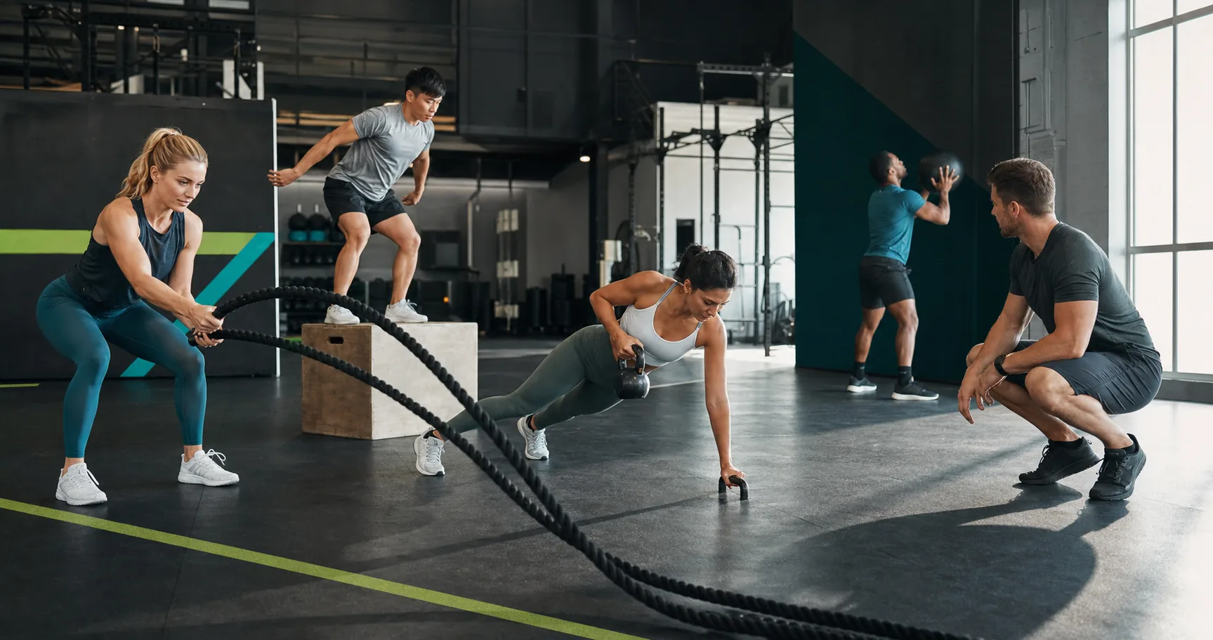 Kleine Gruppe bei einem funktionellen Trainingszirkel unter Anleitung eines Coaches